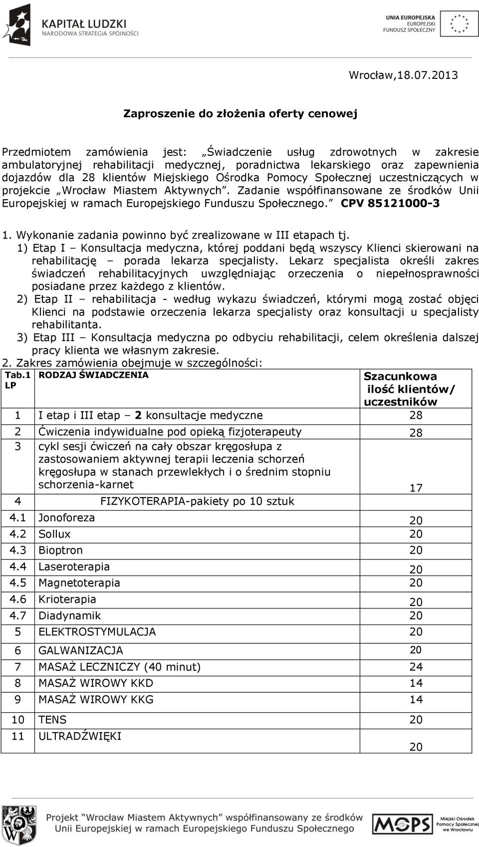 dojazdów dla 28 klientów Miejskiego Ośrodka Pomocy Społecznej uczestniczących w projekcie Wrocław Miastem Aktywnych.