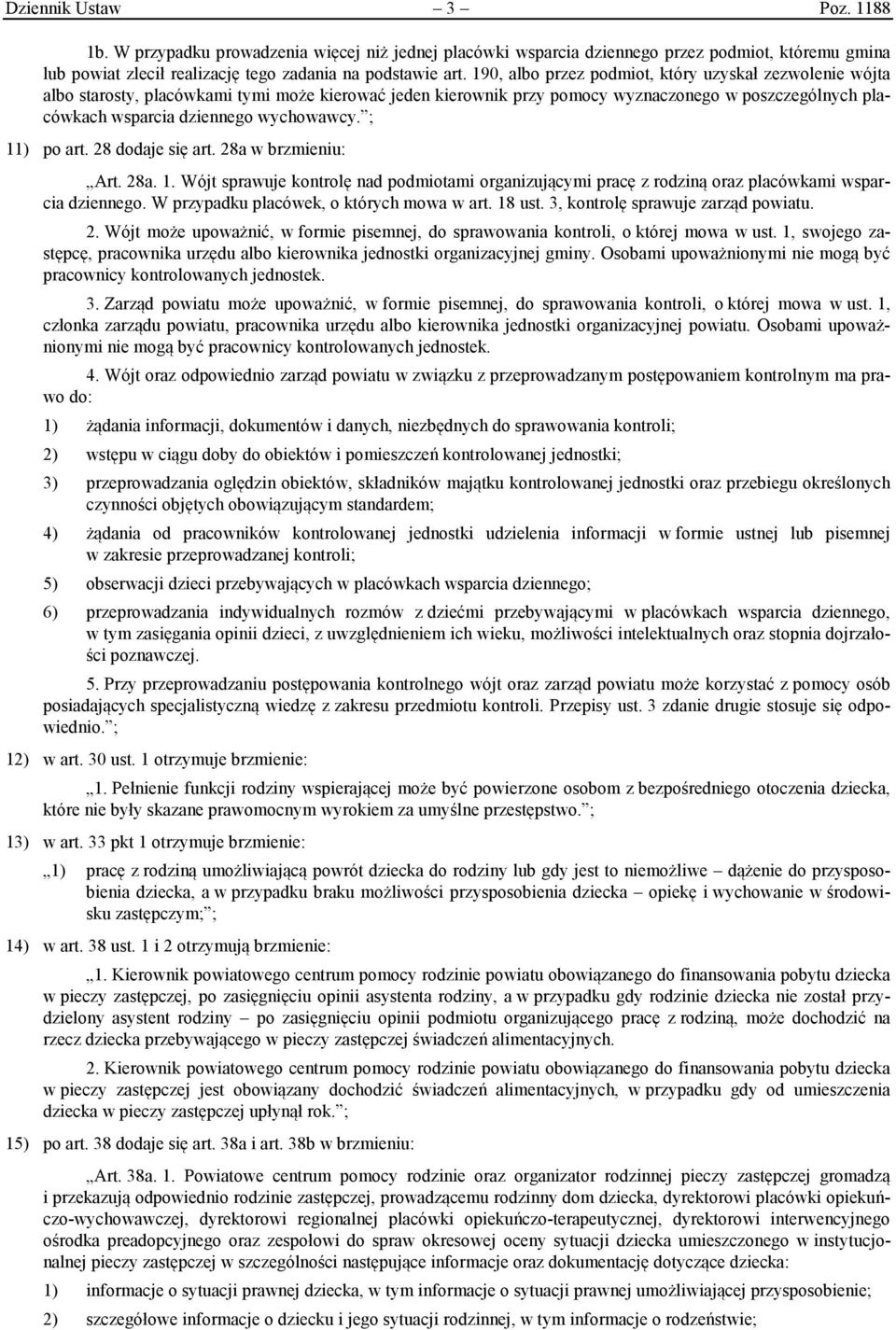 ; 11) po art. 28 dodaje się art. 28a w brzmieniu: Art. 28a. 1. Wójt sprawuje kontrolę nad podmiotami organizującymi pracę z rodziną oraz placówkami wsparcia dziennego.