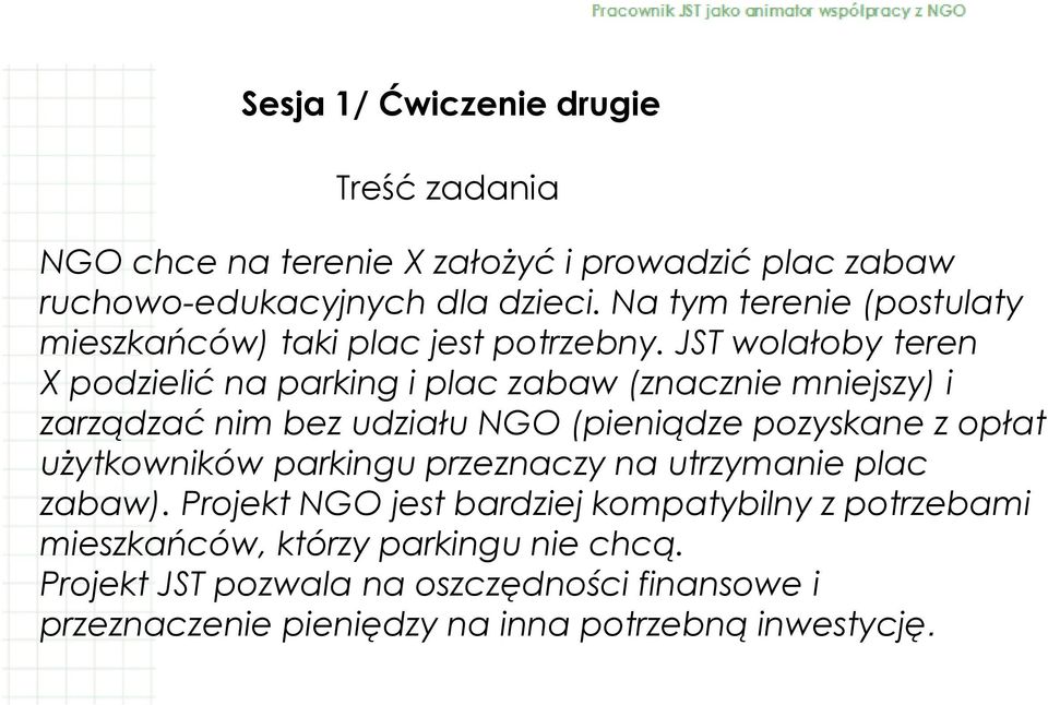 JST wolałoby teren X podzielić na parking i plac zabaw (znacznie mniejszy) i zarządzać nim bez udziału NGO (pieniądze pozyskane z opłat