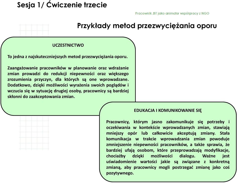 Dodatkowo, dzięki możliwości wyrażenia swoich poglądów i wczucia się w sytuację drugiej osoby, pracownicy są bardziej skłonni do zaakceptowania zmian.