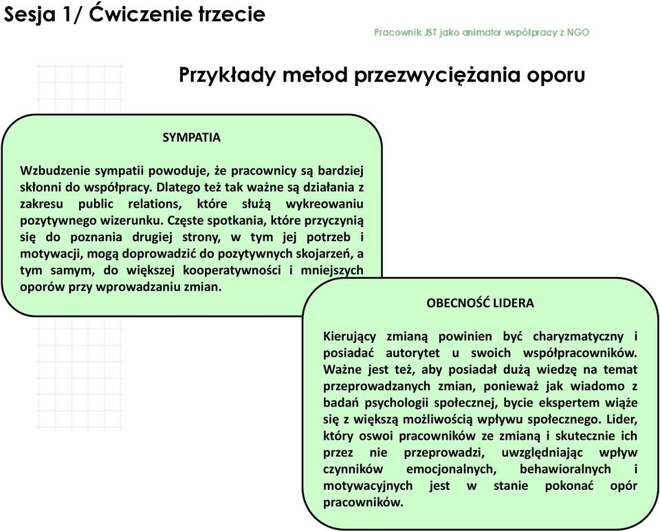 Częste spotkania, które przyczynią się do poznania drugiej strony, w tym jej potrzeb i motywacji, mogą doprowadzić do pozytywnych skojarzeń, a tym samym, do większej kooperatywności i mniejszych