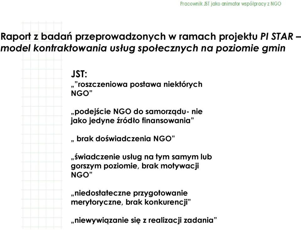 źródło finansowania brak doświadczenia NGO świadczenie usług na tym samym lub gorszym poziomie, brak