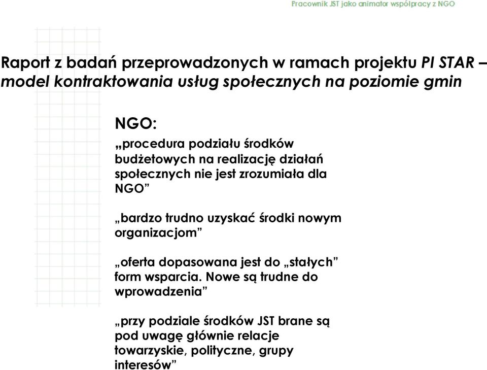 bardzo trudno uzyskać środki nowym organizacjom oferta dopasowana jest do stałych form wsparcia.