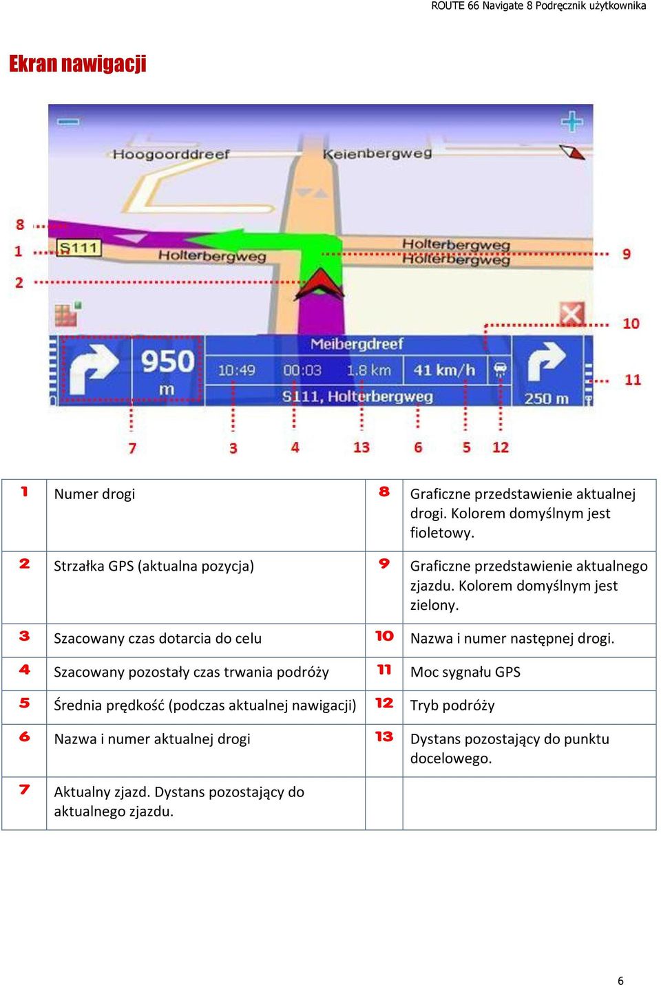 3 Szacowany czas dotarcia do celu 10 Nazwa i numer następnej drogi.