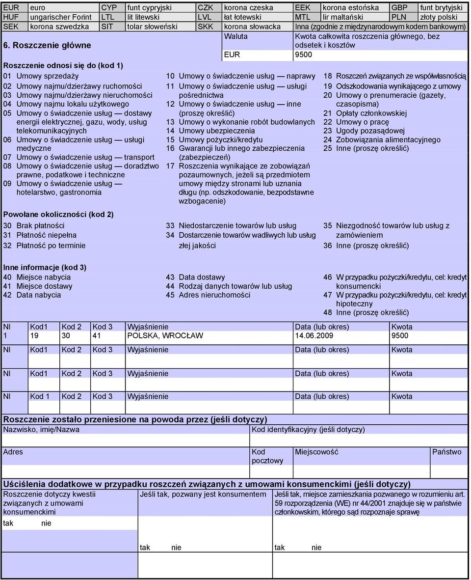 Roszczenie główne odsetek i kosztów EUR 9500 Roszczenie odnosi się do (kod 1) 01 Umowy sprzedaży 10 Umowy o świadczenie usług naprawy 18 Roszczeń związanych ze współwłasnością 02 Umowy