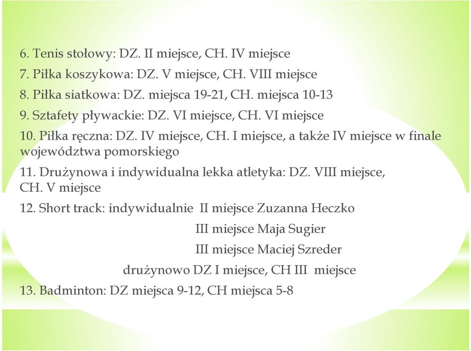 I miejsce, a takŝe IV miejsce w finale województwa pomorskiego 11. DruŜynowa i indywidualna lekka atletyka: DZ. VIII miejsce, CH. V miejsce 12.