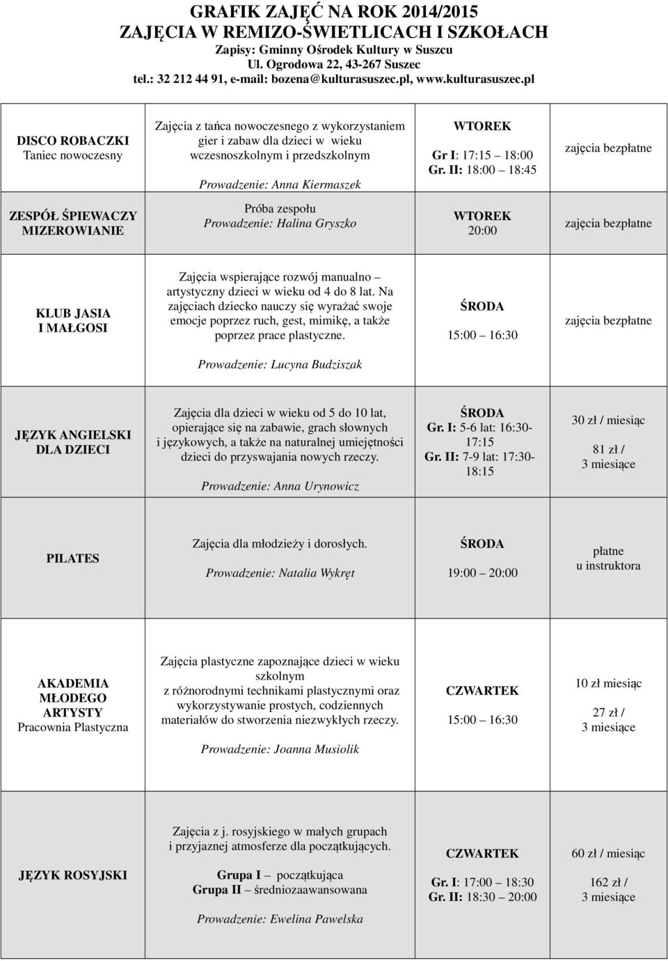 słownych i językowych, a także na naturalnej umiejętności dzieci do przyswajania nowych rzeczy. Prowadzenie: Anna Urynowicz Gr. I: 5-6 lat: 16:30-17:15 Gr.