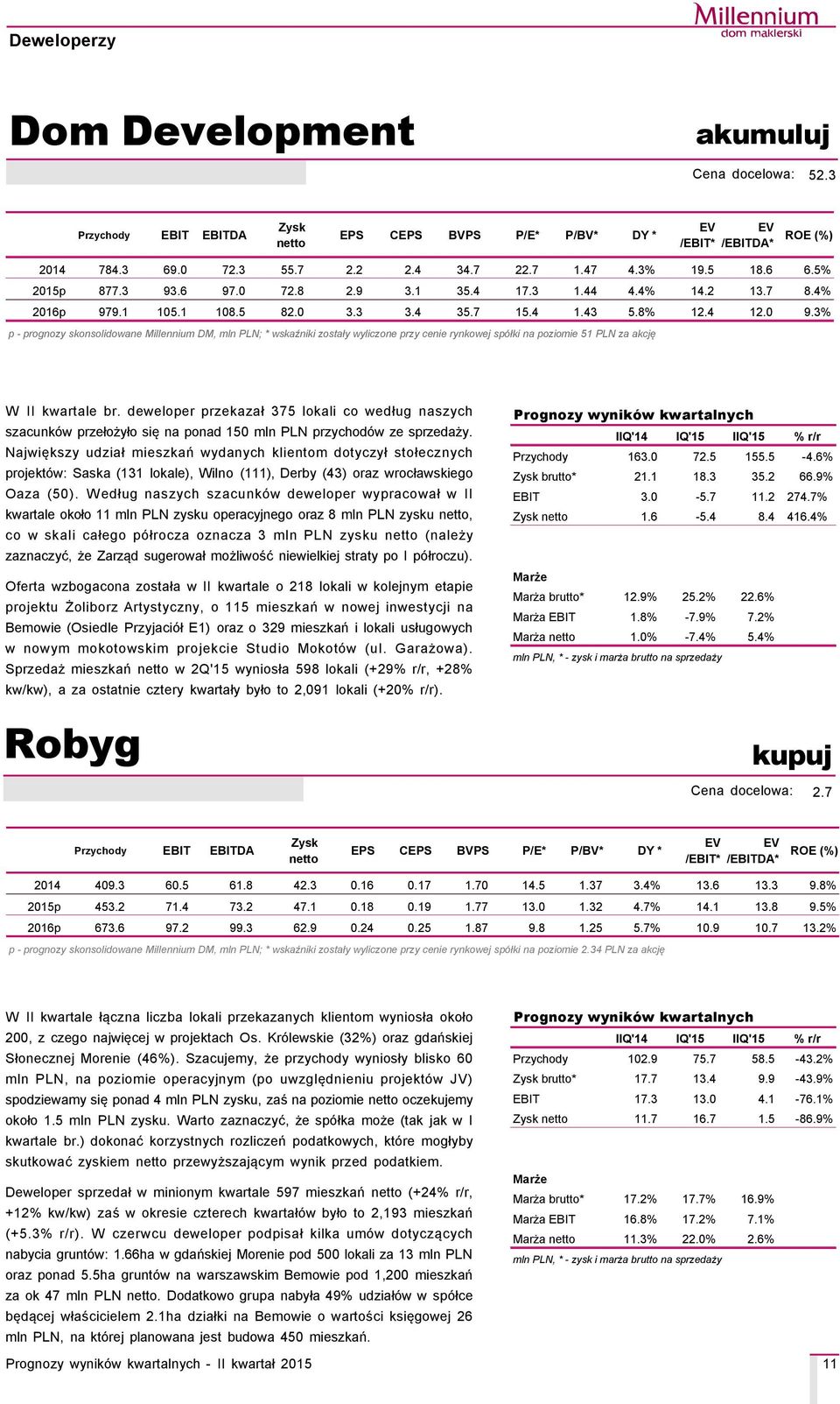 3% p - prognozy skonsolidowane Millennium DM, mln PLN; * wskaźniki zostały wyliczone przy cenie rynkowej späłki na poziomie 51 PLN za akcję W II kwartale br.