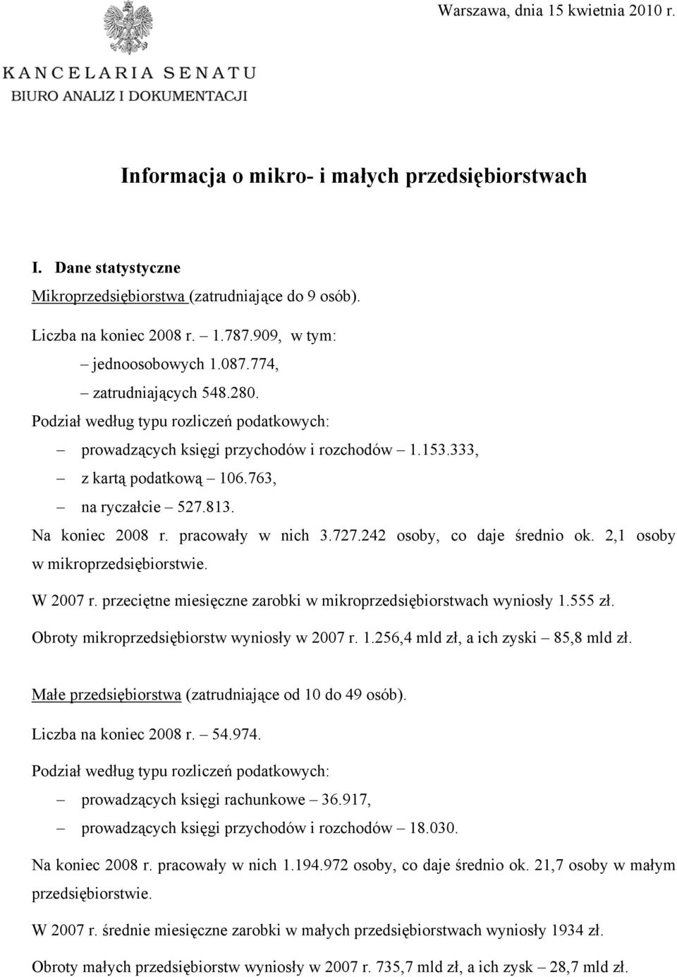 763, na ryczałcie 527.813. Na koniec 2008 r. pracowały w nich 3.727.242 osoby, co daje średnio ok. 2,1 osoby w mikroprzedsiębiorstwie. W 2007 r.