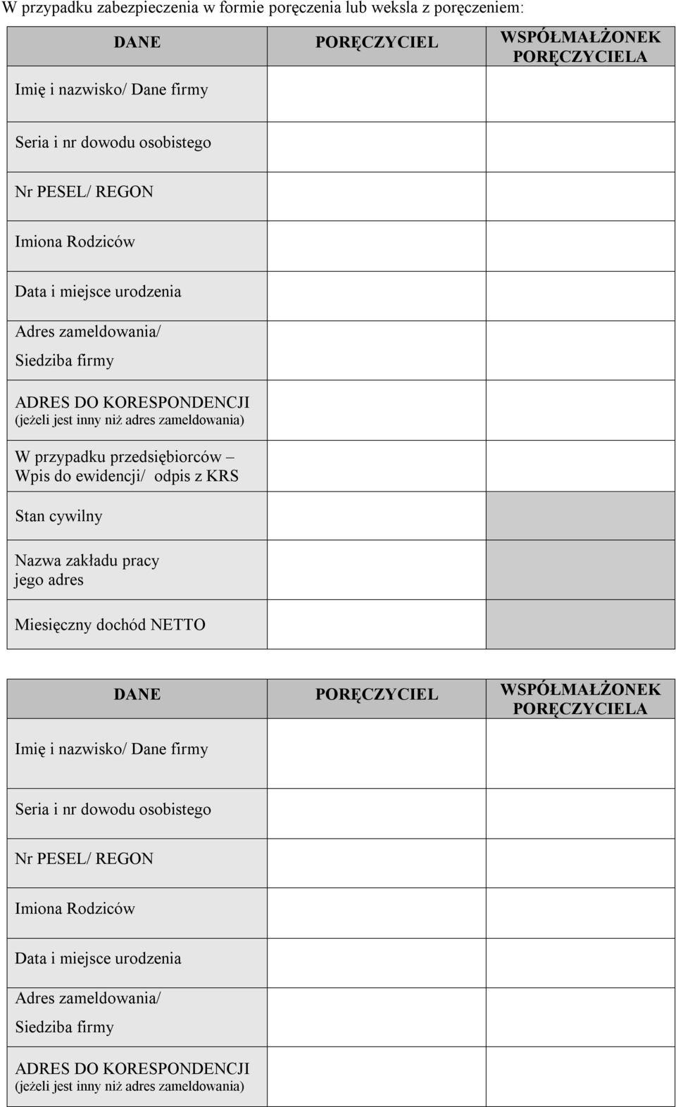 przedsiębiorców Wpis do ewidencji/ odpis z KRS Stan cywilny Nazwa zakładu pracy jego adres Miesięczny dochód NETTO Imię i nazwisko/ Dane firmy DANE PORĘCZYCIEL WSPÓŁMAŁŻONEK