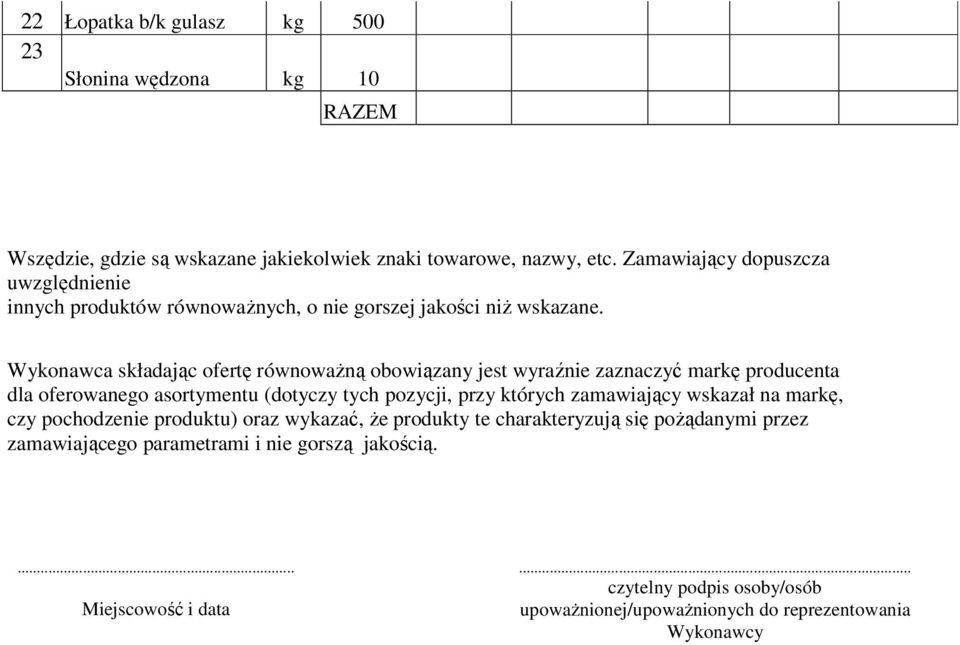 Wykonawca składając ofertę równoważną obowiązany jest wyraźnie zaznaczyć markę producenta dla oferowanego asortymentu (dotyczy tych pozycji, przy których zamawiający