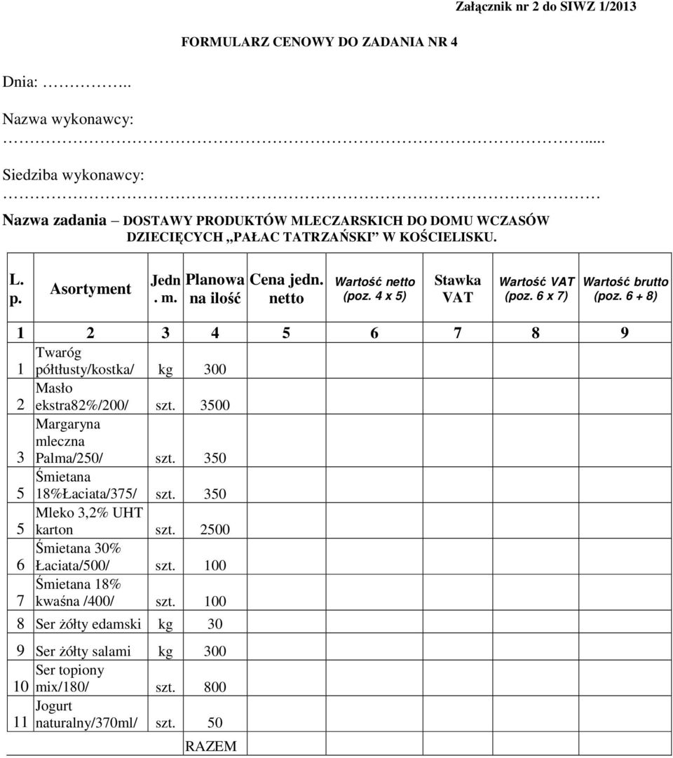netto Wartość netto (poz. 4 x 5) Stawka VAT Wartość VAT (poz. 6 x 7) Wartość brutto (poz. 6 + 8) 1 2 3 4 5 6 7 8 9 Twaróg 1 półtłusty/kostka/ kg 300 Masło 2 ekstra82%/200/ szt.