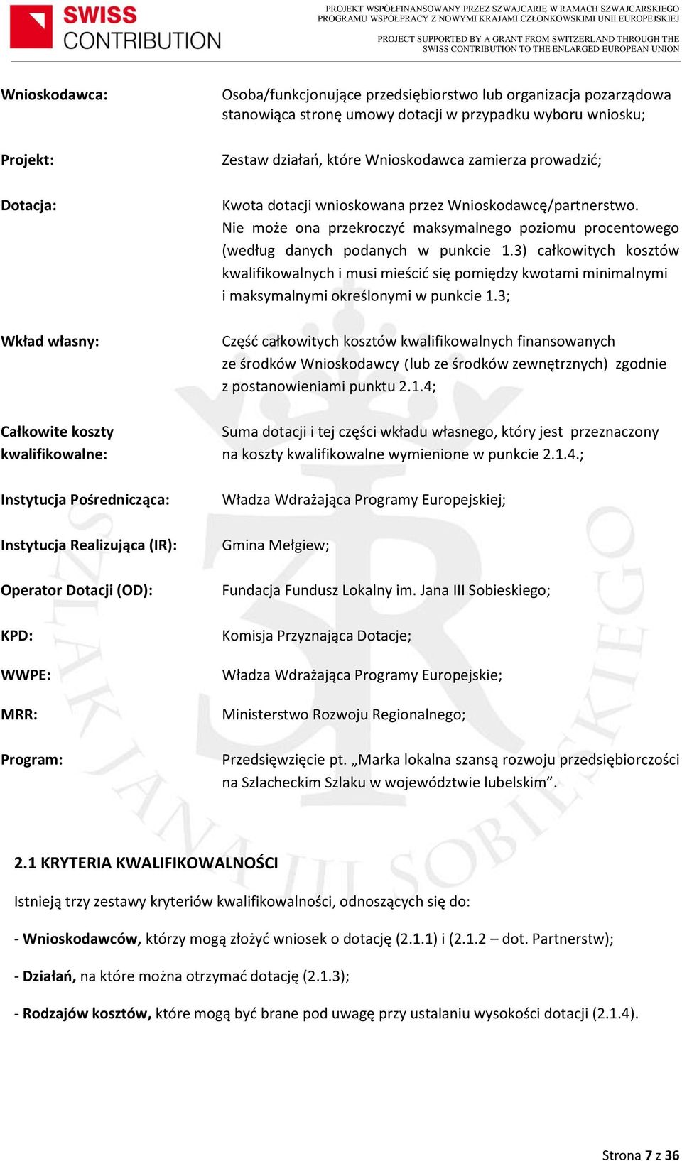 3) całkowitych kosztów kwalifikowalnych i musi mieścić się pomiędzy kwotami minimalnymi i maksymalnymi określonymi w punkcie 1.