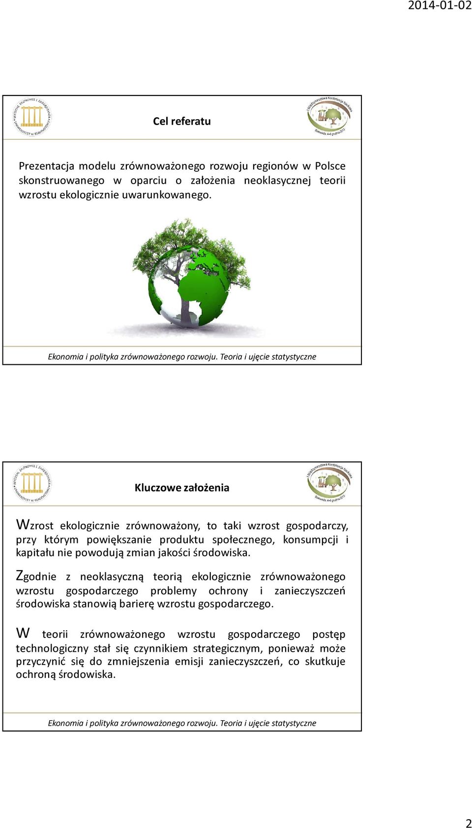 środowiska. Zgodnie z neoklasyczną eorią ekologicznie zrównoważonego wzrosu gospodarczego problemy ochrony i zanieczyszczeń środowiska sanowią barierę wzrosu gospodarczego.