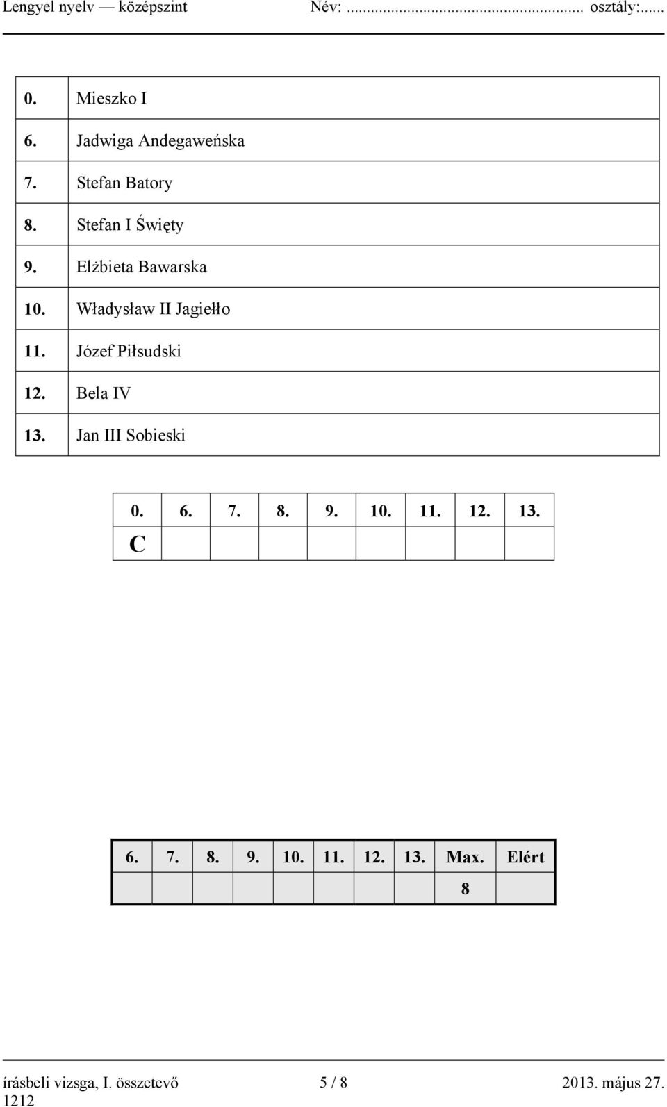 Bela IV 13. Jan III Sobieski 0. 6. 7. 8. 9. 10. 11. 12. 13. C 6. 7. 8. 9. 10. 11. 12. 13. Max.