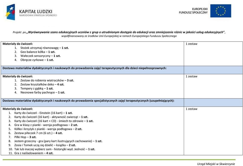 4. Neonowe farby pachnące 1 szt. Dostawa materiałów dydaktycznych i naukowych do prowadzenia specjalistycznych zajęć terapeutycznych (uzupełniających): 1. Karty do ćwiczeń - Einstein (16 kart) 1 szt.