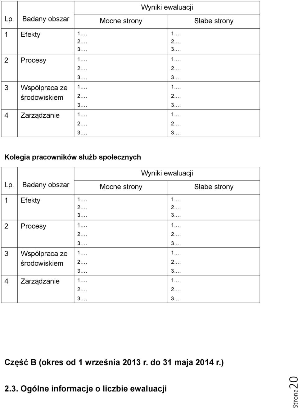 Część B (okres od 1 września 2013 r. do 31 maja 2014 r.) 2.3. Ogólne informacje o liczbie ewaluacji Strona20