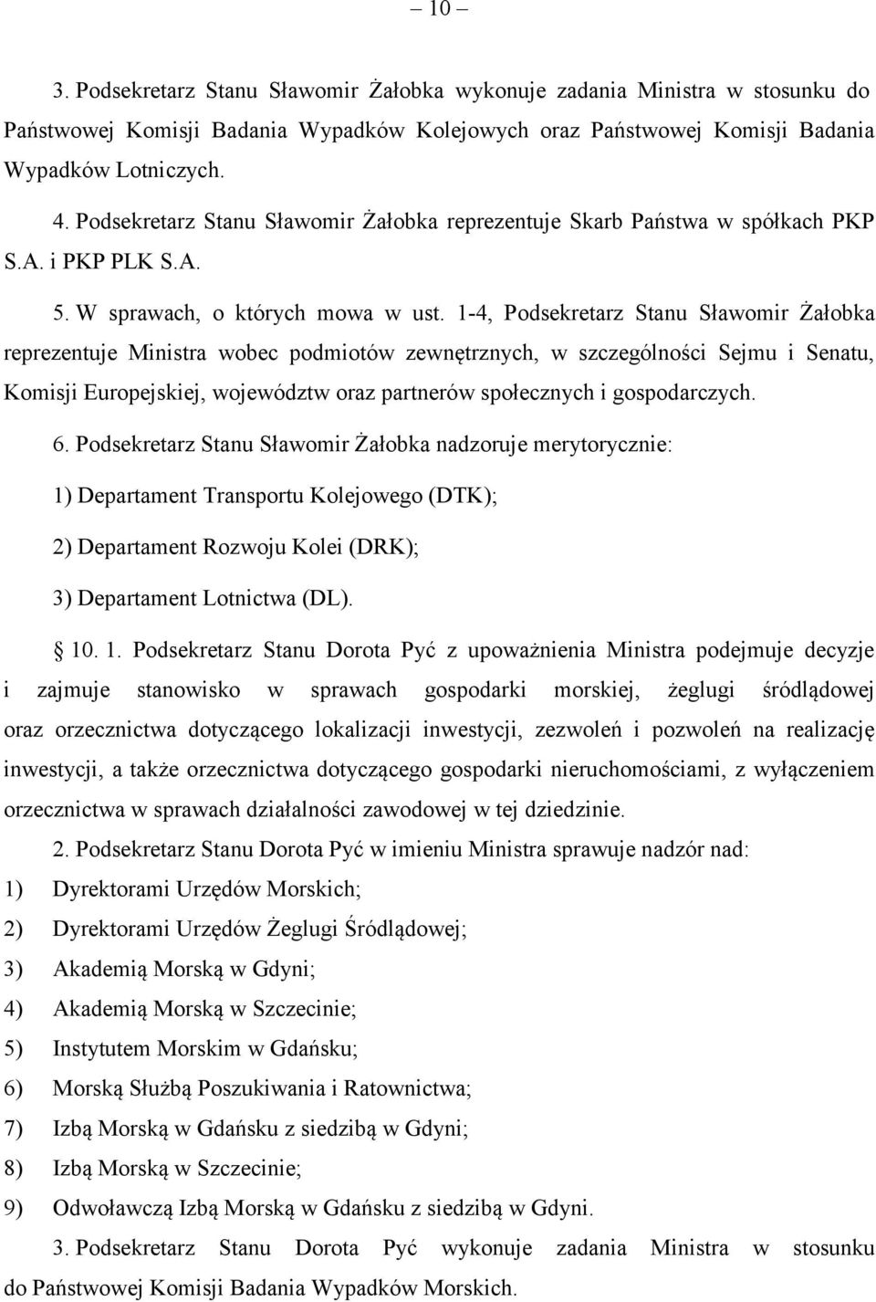 1-4, Podsekretarz Stanu Sławomir Żałobka reprezentuje Ministra wobec podmiotów zewnętrznych, w szczególności Sejmu i Senatu, Komisji Europejskiej, województw oraz partnerów społecznych i