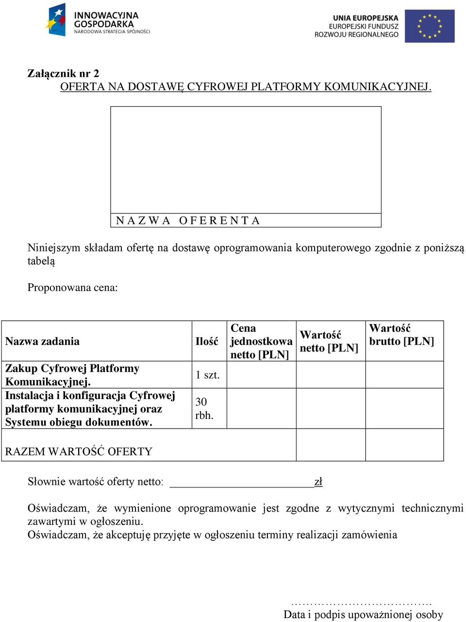 Komunikacyjnej. Instalacja i konfiguracja Cyfrowej platformy komunikacyjnej oraz Systemu obiegu dokumentów. Ilość 1 szt. 30 rbh.