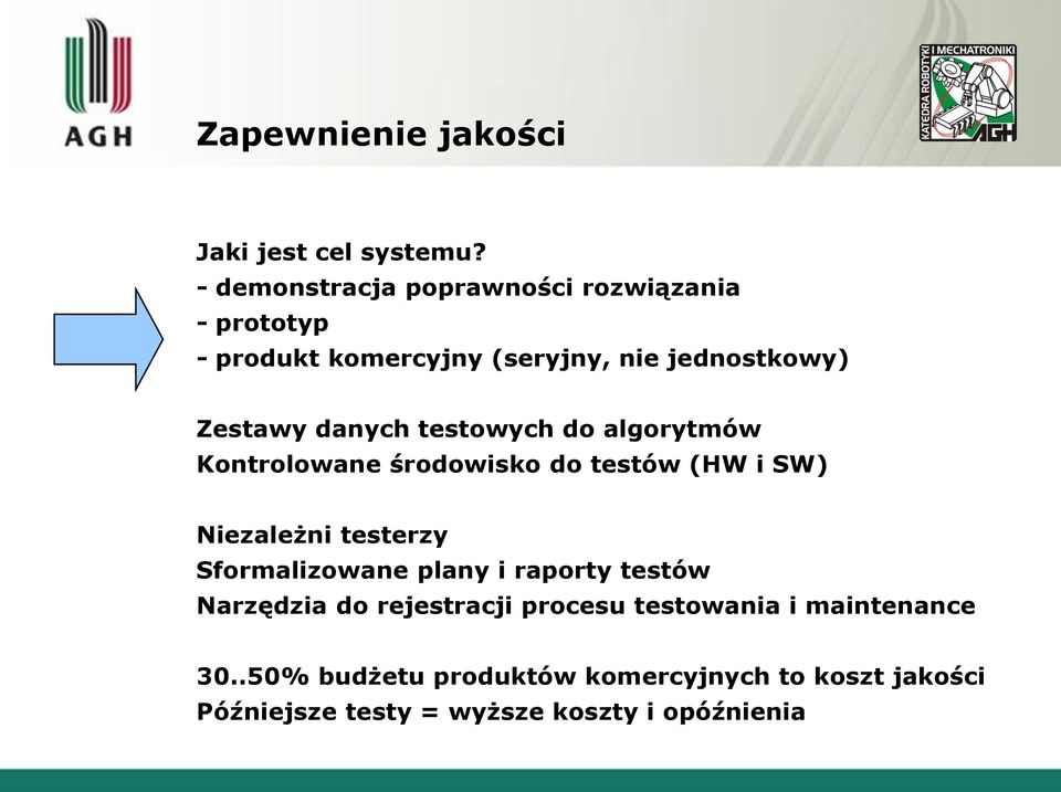 danych testowych do algorytmów Kontrolowane środowisko do testów (HW i SW) Niezależni testerzy Sformalizowane