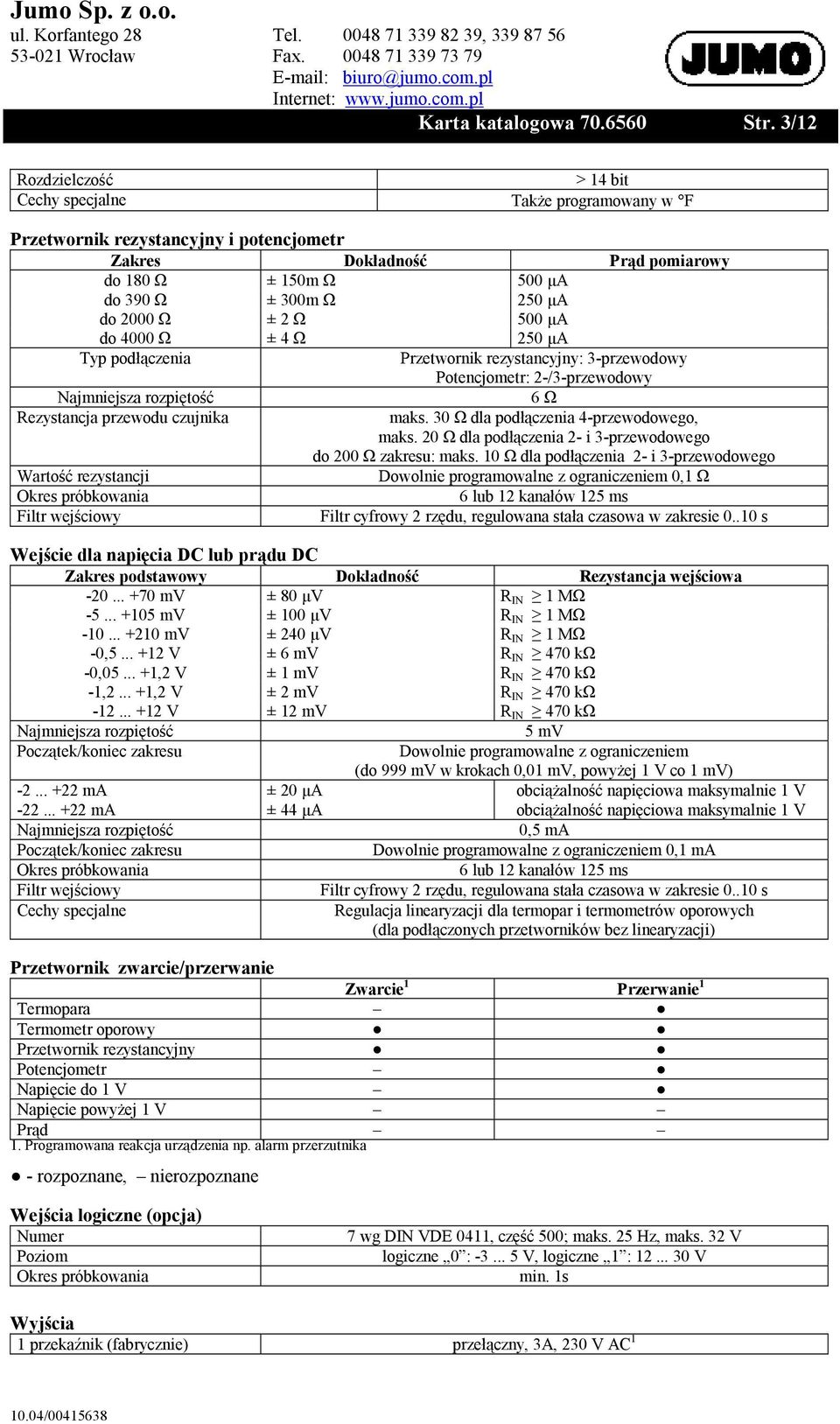 Ω ± 2 Ω 500 µa do 4000 Ω ± 4 Ω 250 µa Typ podłączenia Przetwornik rezystancyjny: 3-przewodowy Potencjometr: 2-/3-przewodowy Najmniejsza rozpiętość Rezystancja przewodu czujnika Wartość rezystancji