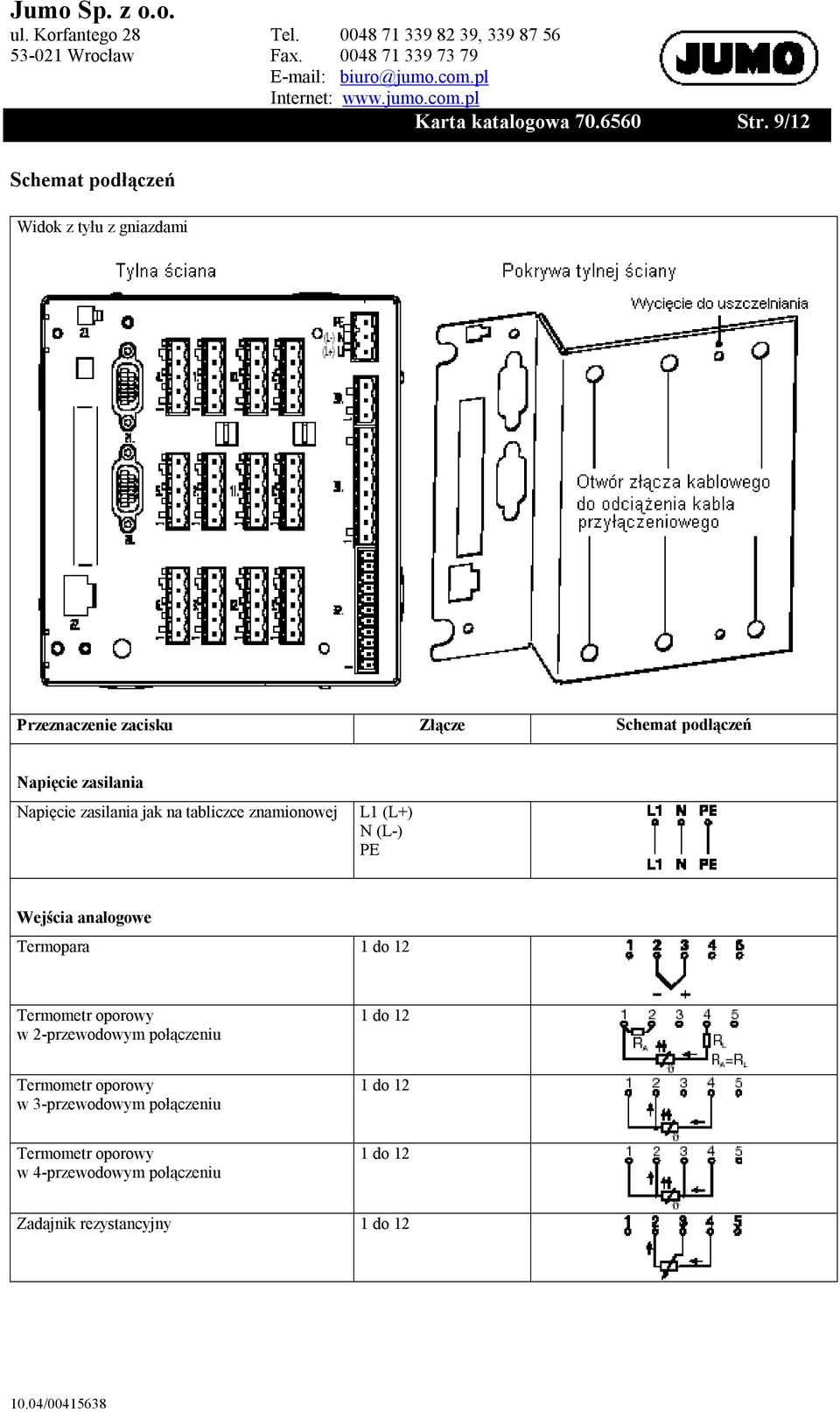 zasilania Napięcie zasilania jak na tabliczce znamionowej L1 (L+) N (L-) PE Wejścia analogowe Termopara 1 do