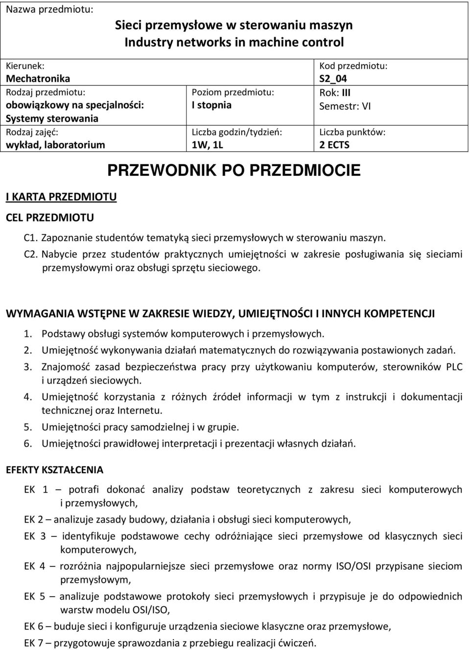 PRZEDMIOCIE C1. Zapoznanie studentów tematyką sieci przemysłowych w sterowaniu maszyn. C2.