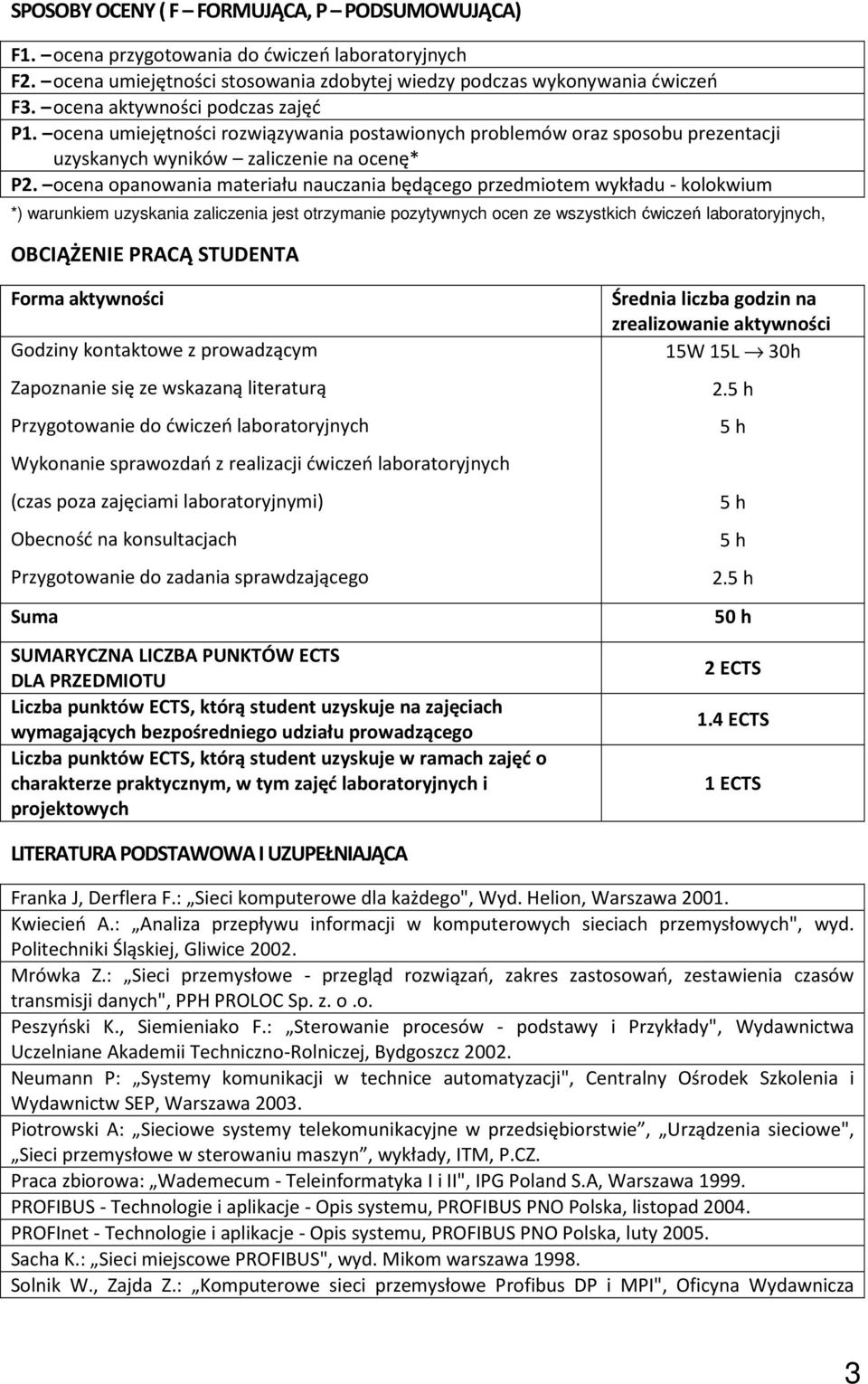 ocena opanowania materiału nauczania będącego przedmiotem wykładu - kolokwium *) warunkiem uzyskania zaliczenia jest otrzymanie pozytywnych ocen ze wszystkich ćwiczeń laboratoryjnych, OBCIĄŻENIE