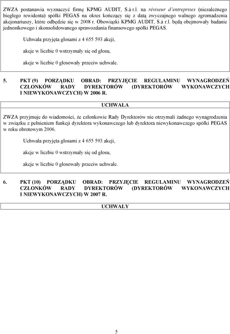 Obowiązki KPMG AUDIT, S.à r.l. będą obejmowały badanie jednostkowego i skonsolidowanego sprawozdania finansowego spółki PEGAS. 5.