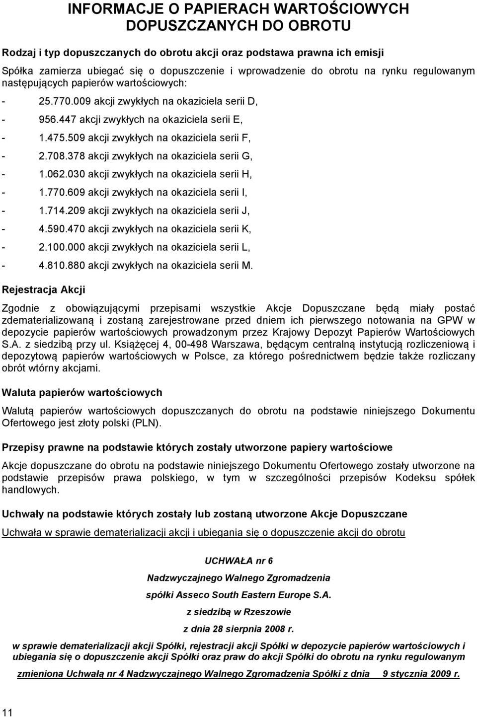 509 akcji zwykłych na okaziciela serii F, - 2.708.378 akcji zwykłych na okaziciela serii G, - 1.062.030 akcji zwykłych na okaziciela serii H, - 1.770.609 akcji zwykłych na okaziciela serii I, - 1.714.