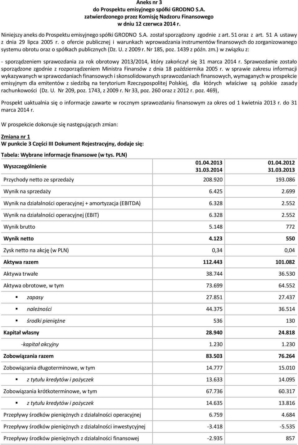 z 2009 r. Nr 185, poz. 1439 z późn. zm.) w związku z: - sporządzeniem sprawozdania za rok obrotowy 2013/2014, który zakończył się 31 marca 2014 r.