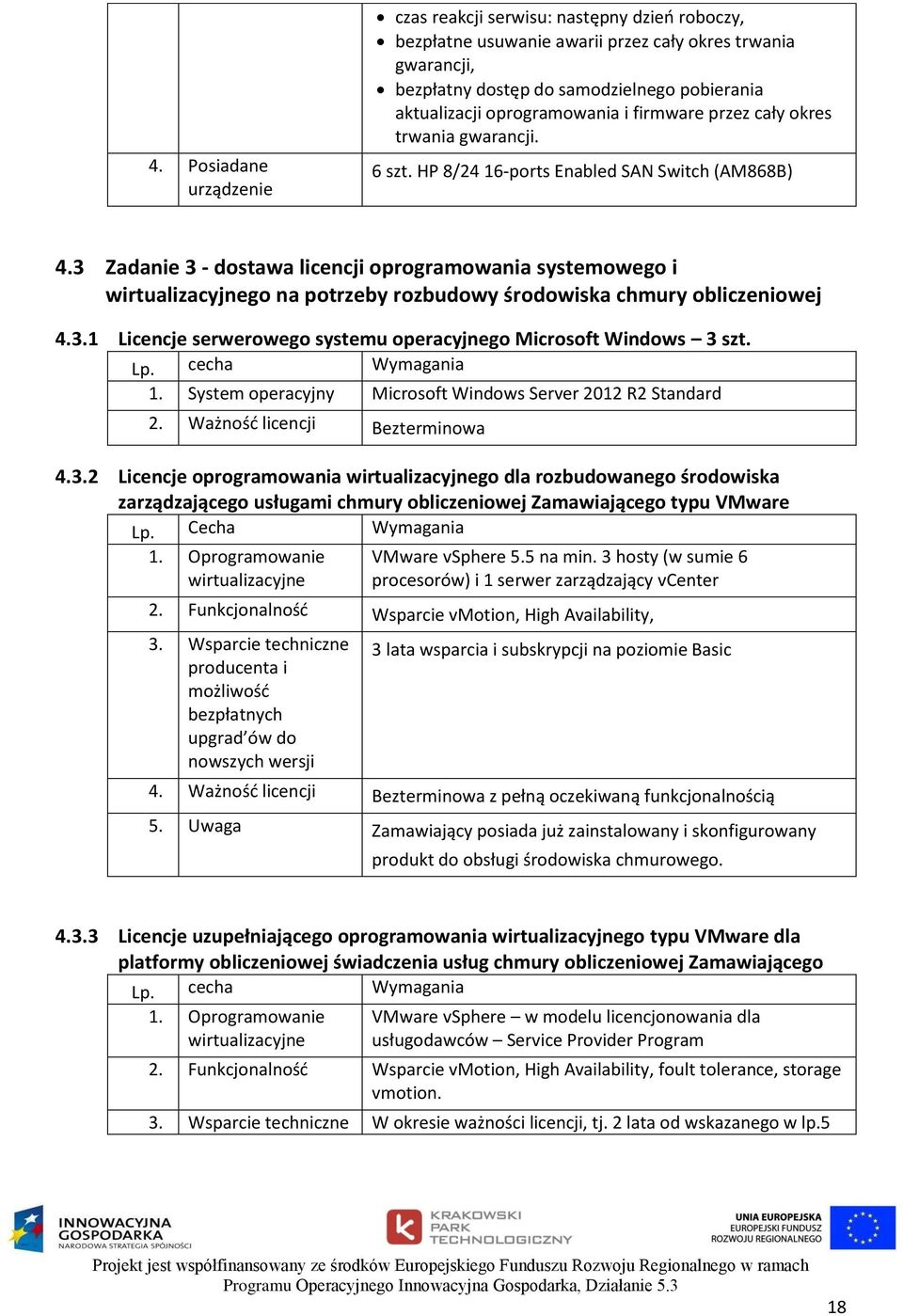 3 Zadanie 3 - dostawa licencji oprogramowania systemowego i wirtualizacyjnego na potrzeby rozbudowy środowiska chmury obliczeniowej 4.3.1 Licencje serwerowego systemu operacyjnego Microsoft Windows 3 szt.