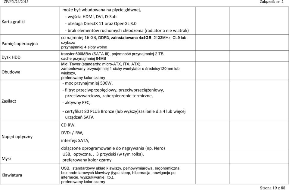 pojemność przynajmniej 2 TB, cache przynajmniej 64MB Midi Tower (standardy: micro-atx, ITX, ATX), zamontowany przynajmniej 1 cichy wentylator o średnicy120mm lub większy, preferowany kolor czarny -