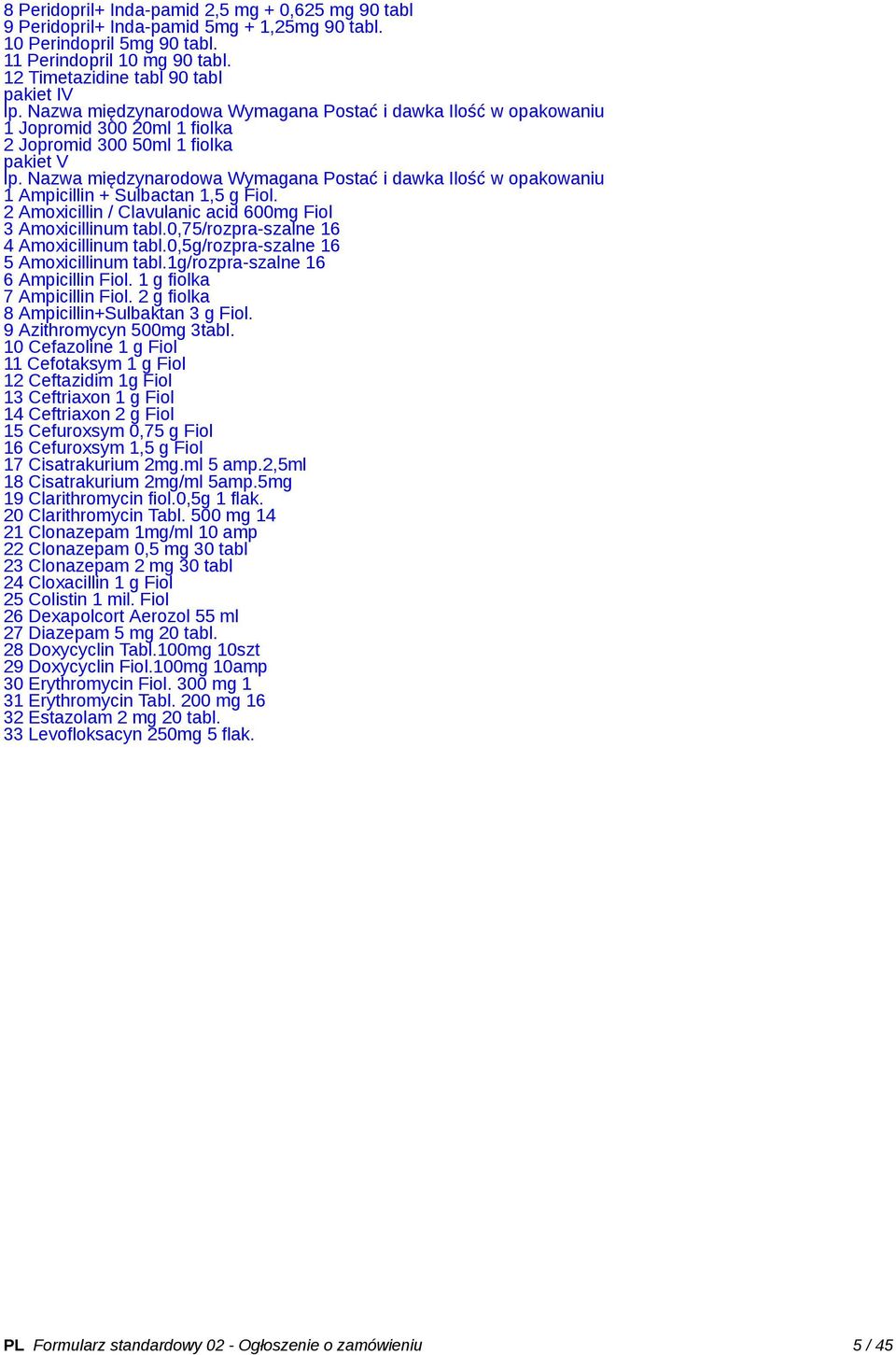 Nazwa międzynarodowa Wymagana Postać i dawka Ilość w opakowaniu 1 Ampicillin + Sulbactan 1,5 g Fiol. 2 Amoxicillin / Clavulanic acid 600mg Fiol 3 Amoxicillinum tabl.