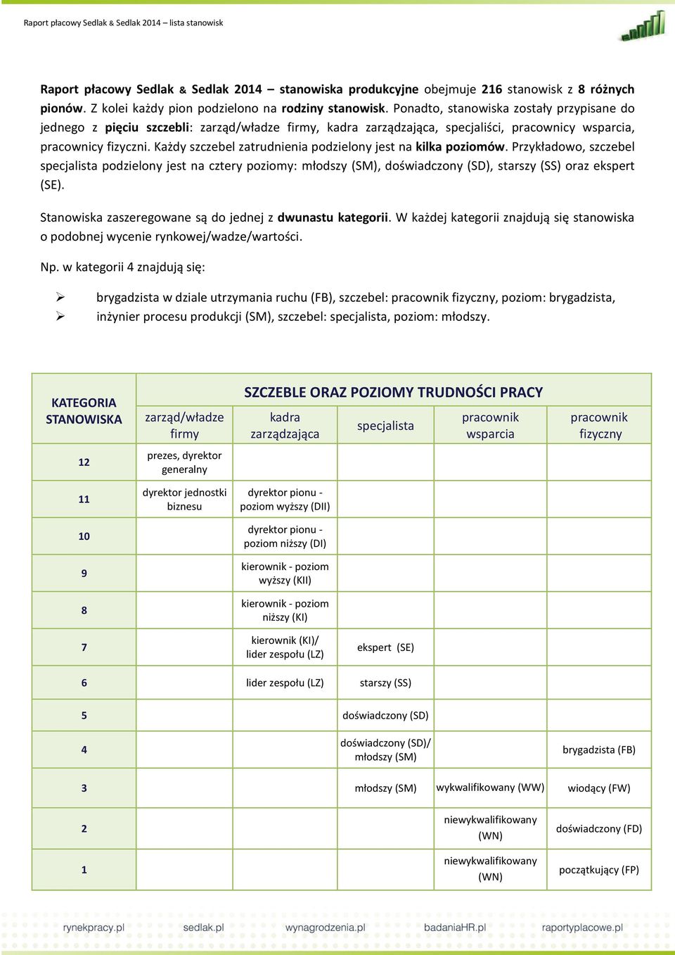 Każdy szczebel zatrudnienia podzielony jest na kilka poziomów. Przykładowo, szczebel specjalista podzielony jest na cztery poziomy: młodszy (SM), doświadczony (SD), starszy (SS) oraz ekspert (SE).