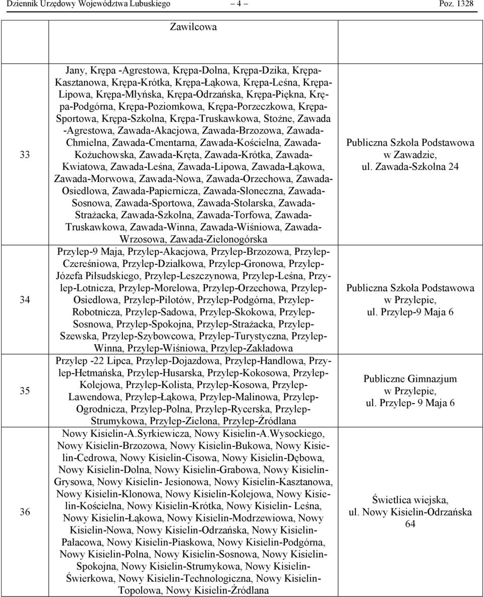 Krępa-Podgórna, Krępa-Poziomkowa, Krępa-Porzeczkowa, Krępa- Sportowa, Krępa-Szkolna, Krępa-Truskawkowa, Stożne, Zawada -Agrestowa, Zawada-Akacjowa, Zawada-Brzozowa, Zawada- Chmielna,