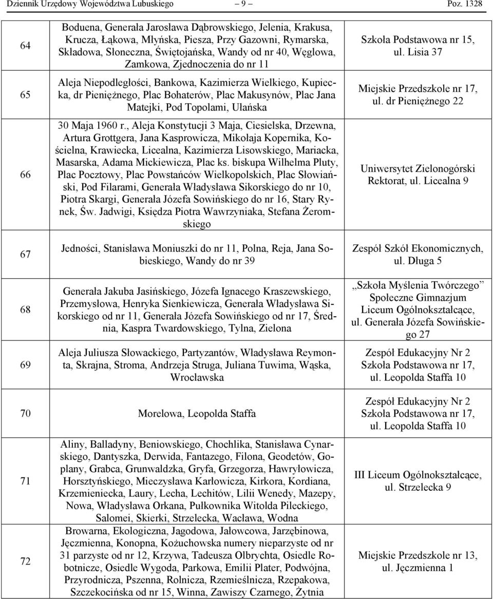 Zamkowa, Zjednoczenia do nr 11 Aleja Niepodległości, Bankowa, Kazimierza Wielkiego, Kupiecka, dr Pieniężnego, Plac Bohaterów, Plac Makusynów, Plac Jana Matejki, Pod Topolami, Ułańska 30 Maja 1960 r.