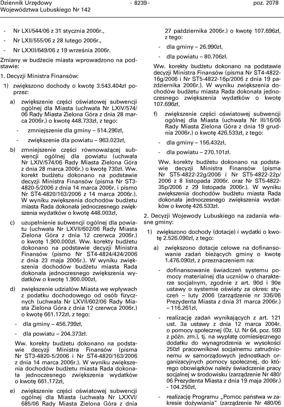 404zł poprzez: a) zwiększenie części oświatowej subwencji ogólnej dla Miasta (uchwała Nr LXIV/574/ 06 Rady Miasta Zielona Góra z dnia 28 marca 2006r.) o kwotę 448.