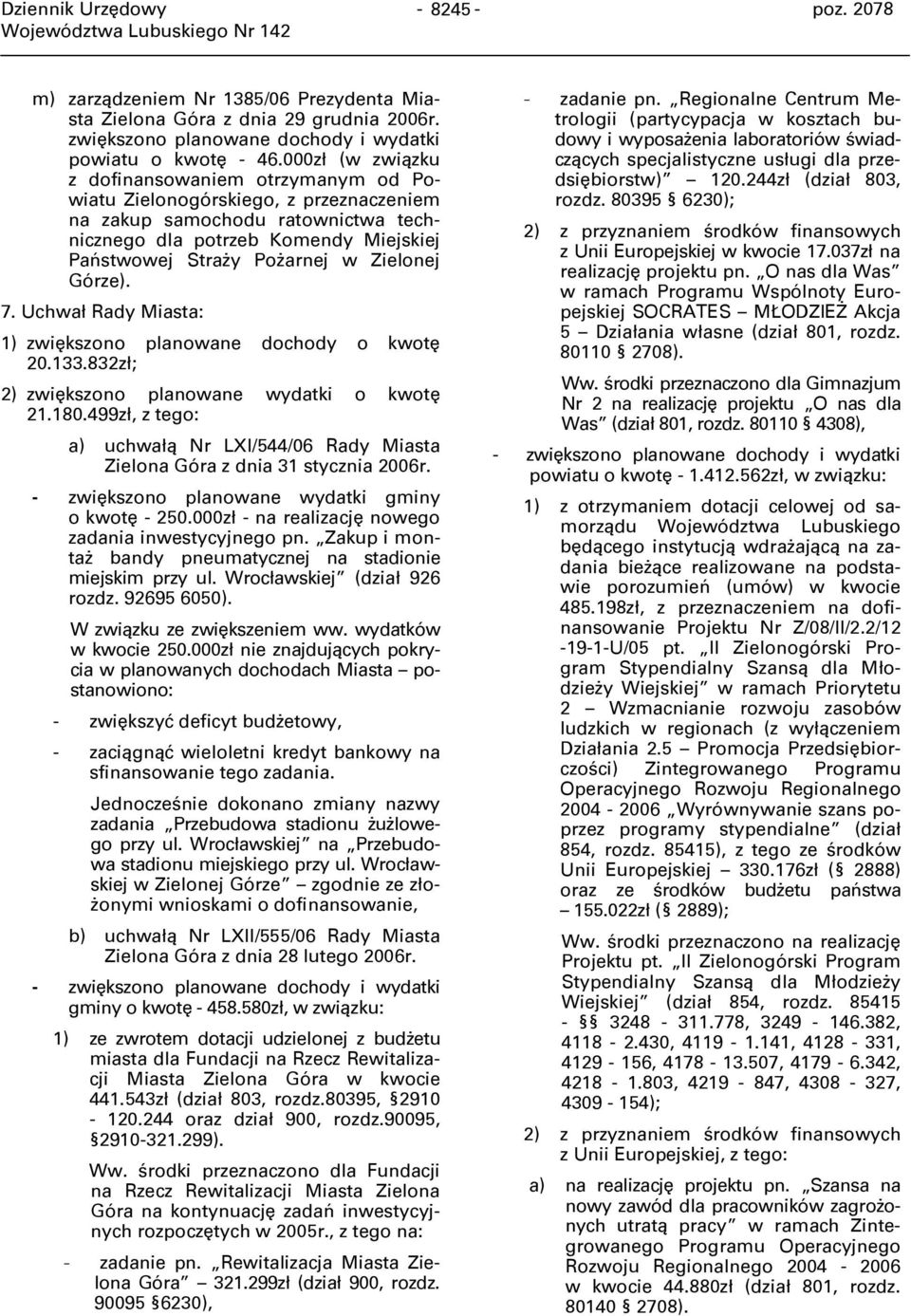 Zielonej Górze). 7. Uchwał Rady Miasta: 1) zwiększono planowane dochody o kwotę 20.133.832zł; 2) zwiększono planowane wydatki o kwotę 21.180.