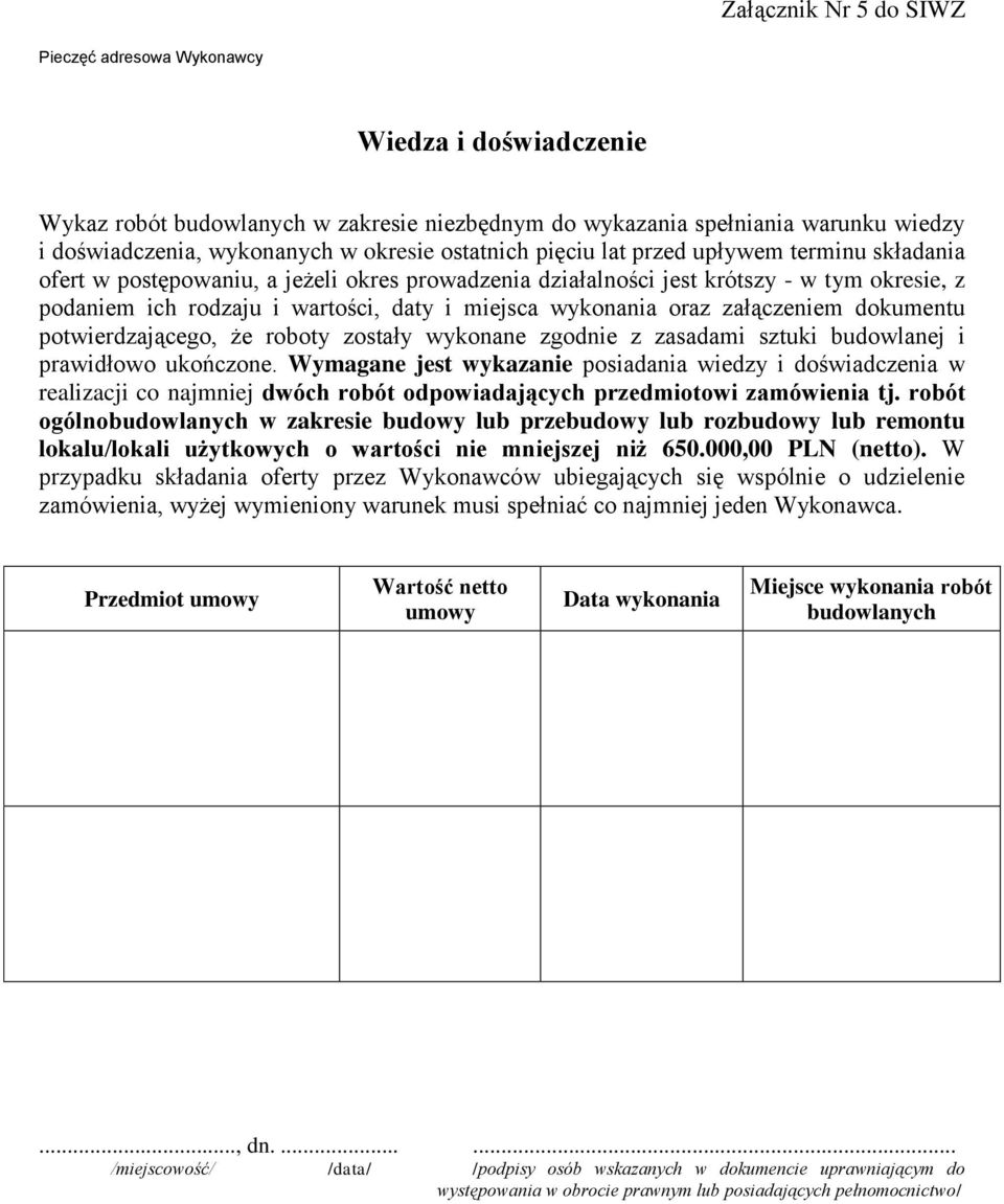 wykonania oraz załączeniem dokumentu potwierdzającego, że roboty zostały wykonane zgodnie z zasadami sztuki budowlanej i prawidłowo ukończone.