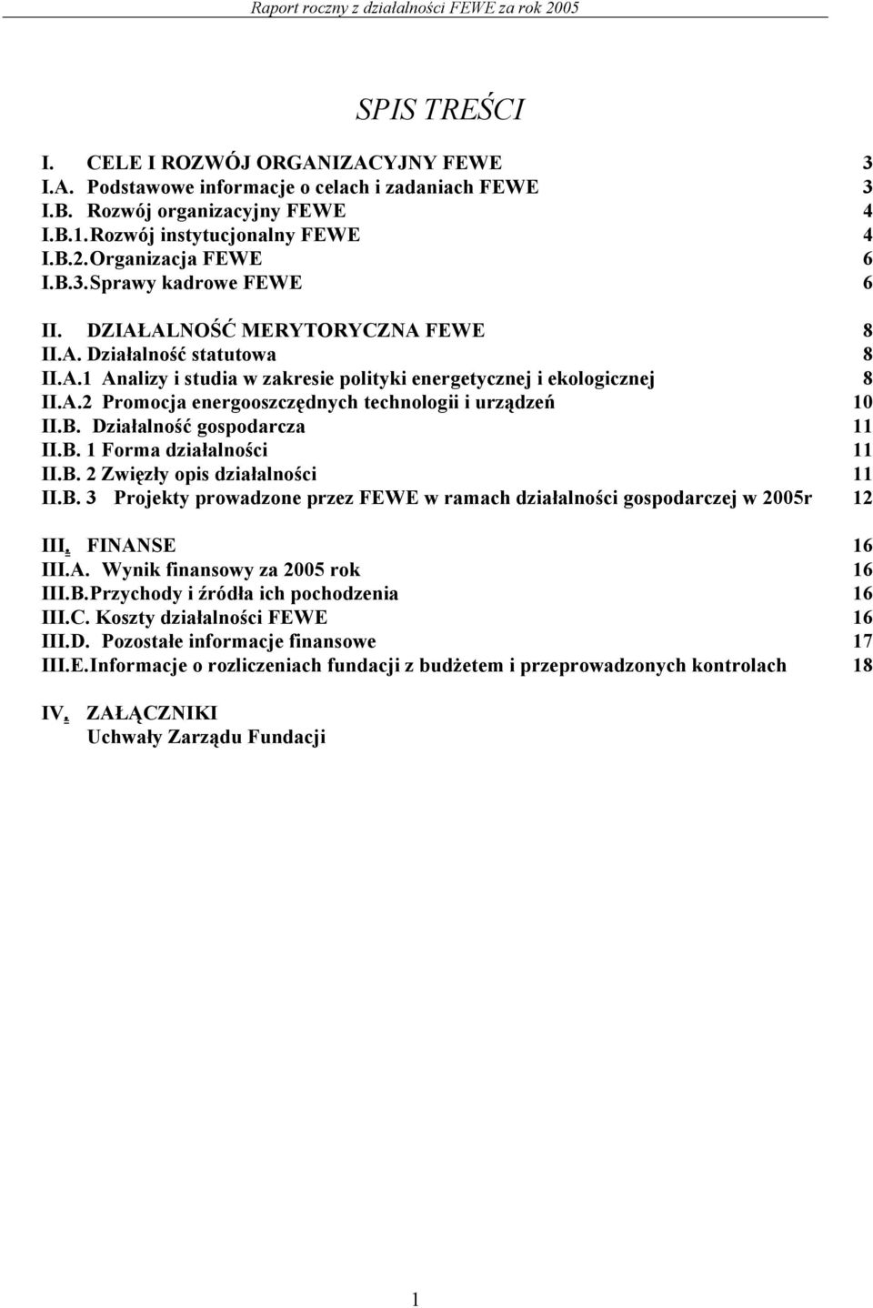 B. Działalność gospodarcza 11 II.B. 1 Forma działalności 11 II.B. 2 Zwięzły opis działalności 11 II.B. 3 Projekty prowadzone przez FEWE w ramach działalności gospodarczej w 2005r 12 III.