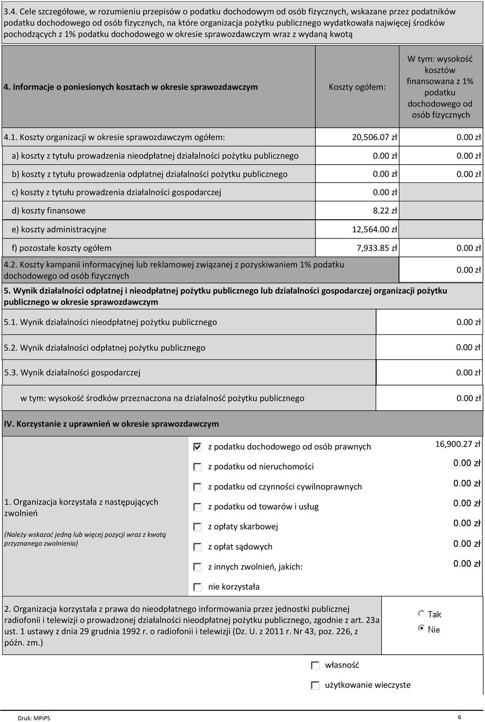 Informacje o poniesionych kosztach w okresie sprawozdawczym Koszty ogółem: W tym: wysokość kosztów finansowana z 1% podatku dochodowego od osób fizycznych 4.1. Koszty organizacji w okresie sprawozdawczym ogółem: 20,506.