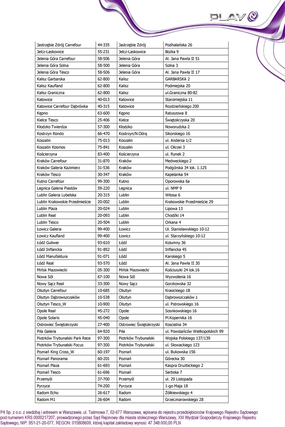 Jana Pawła II 17 Kalisz Garbarska 62-800 Kalisz GARBARSKA 2 Kalisz Kaufland 62-800 Kalisz Podmiejska 20 Kalisz Graniczna 62-800 Kalisz ul.