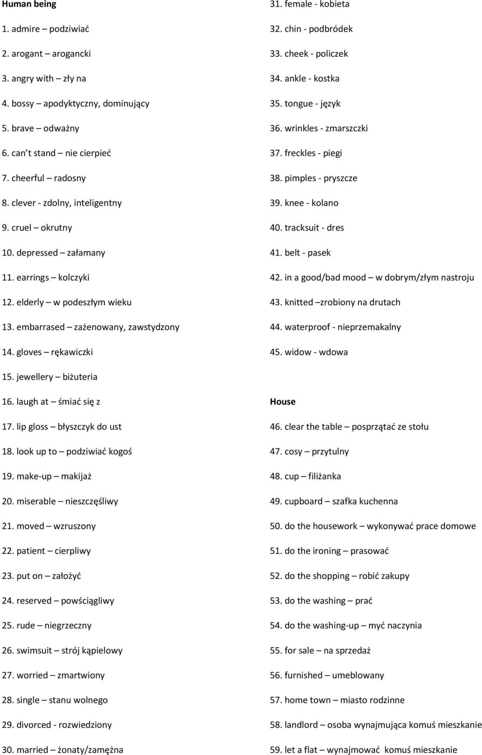 female - kobieta 32. chin - podbródek 33. cheek - policzek 34. ankle - kostka 35. tongue - język 36. wrinkles - zmarszczki 37. freckles - piegi 38. pimples - pryszcze 39. knee - kolano 40.