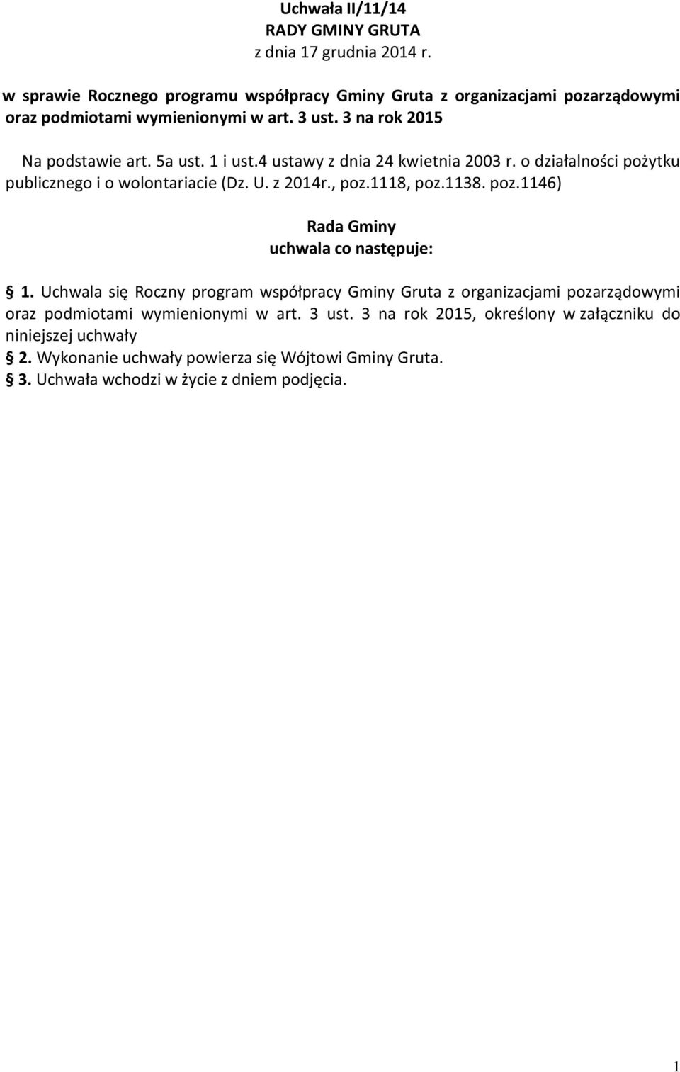 4 ustawy z dnia 24 kwietnia 2003 r. o działalności pożytku publicznego i o wolontariacie (Dz. U. z 2014r., poz.1118, poz.1138. poz.1146) Rada Gminy uchwala co następuje: 1.