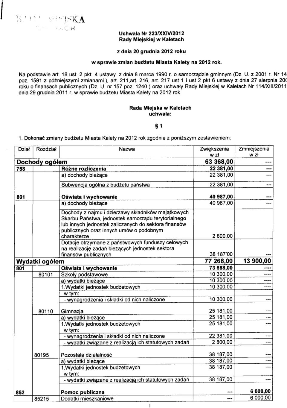 1240 ) oraz uchwaty Rady Miejskiej w Kaletach Nr 114/XIII/2011 dnia 29 grudnia 2011 r. w sprawie bud±etu Miasta Kalety na 2012 rok Rada Miejska w Kaletach uchwala: 1.