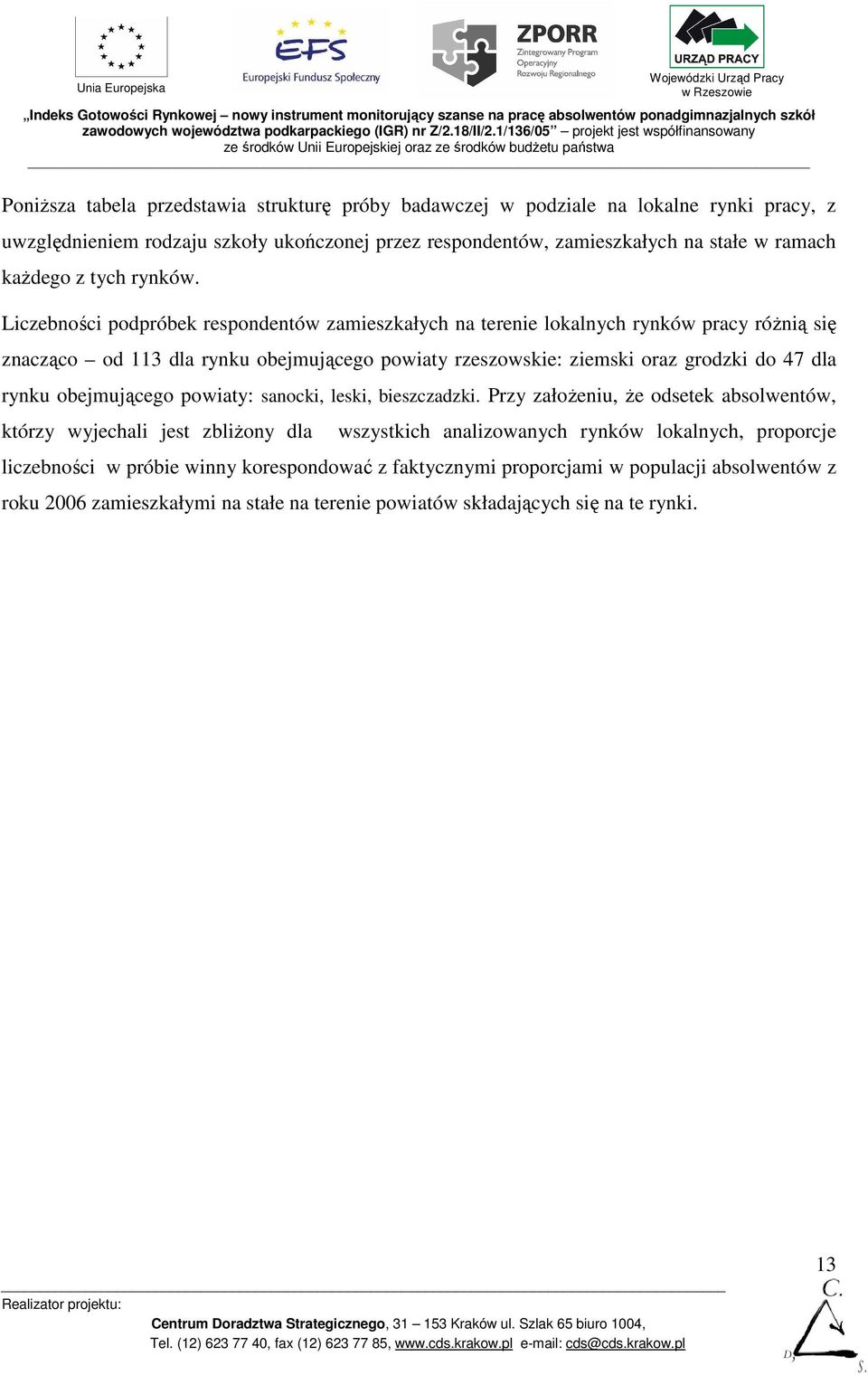 Liczebności podpróbek respondentów zamieszkałych na terenie lokalnych rynków pracy róŝnią się znacząco od 113 dla rynku obejmującego powiaty rzeszowskie: ziemski oraz grodzki do 47 dla