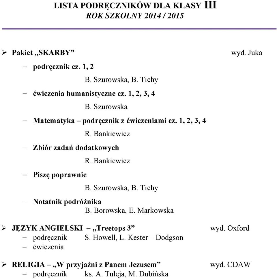 1, 2, 3, 4 Zbiór zadań dodatkowych Piszę poprawnie, B. Tichy Notatnik podróżnika B. Borowska, E.