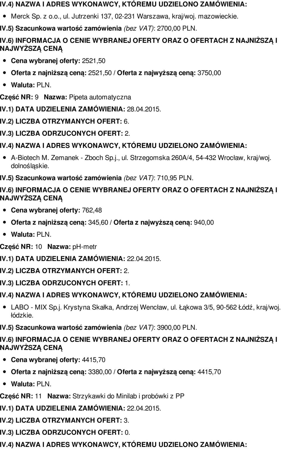 A-Biotech M. Zemanek - Zboch Sp.j., ul. Strzegomska 260A/4, 54-432 Wrocław, kraj/woj. dolnośląskie. IV.5) Szacunkowa wartość zamówienia (bez VAT): 710,95 PLN.