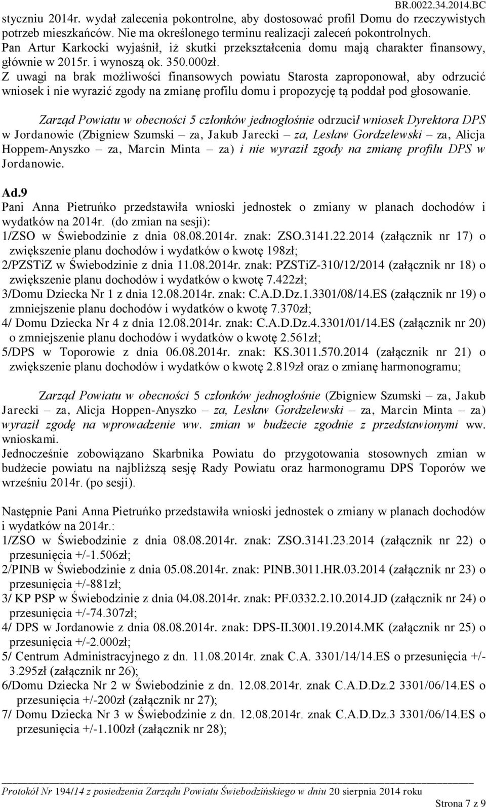 Z uwagi na brak możliwości finansowych powiatu Starosta zaproponował, aby odrzucić wniosek i nie wyrazić zgody na zmianę profilu domu i propozycję tą poddał pod głosowanie.